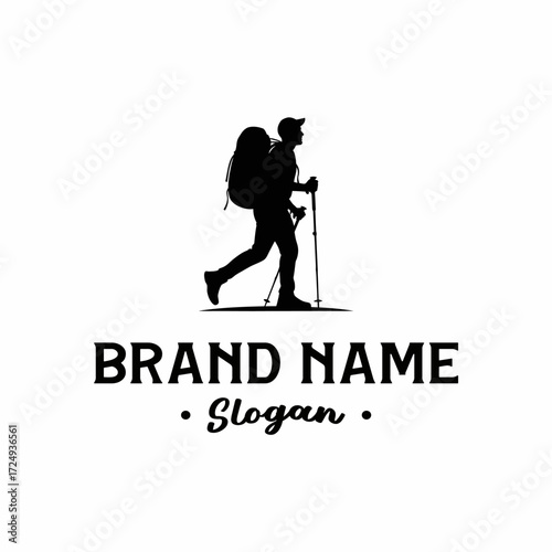 Black silhouette of a hiker with a backpack and trekking poles, with brand name and slogan text below.