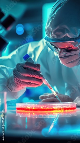 Scientist conducting experiments with petri dish and pipette in laboratory with blue lighting
