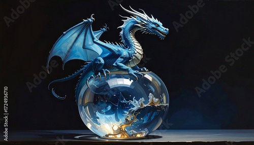 Blue dragon figurine perched atop reflective glass orb—wings spread, fierce gaze—set against glowing bokeh and blurred greenery—evokes crafted mysticism, symbolic guardianship, and the rhythm of fanta