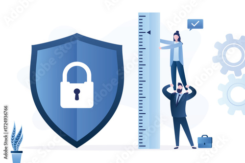 High level of security. Teamwork, group of entrepreneurs use ruler and measure level of protection. Protective shield, high quality of protection against hacker attacks,