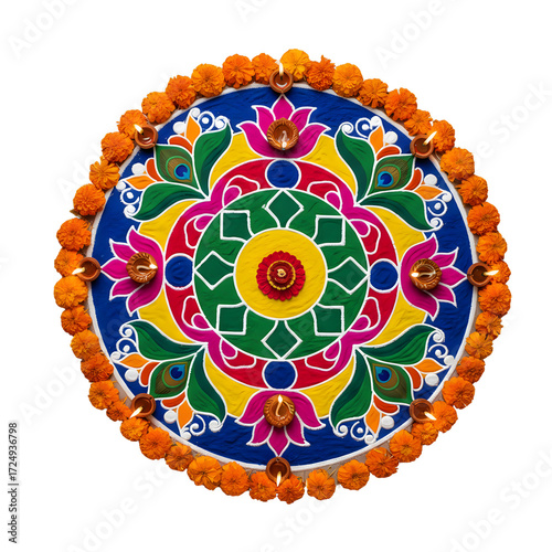 Indian floral rangoli PNG top view, high-resolution transparent image, colorful traditional design, perfect for Diwali, festive, and decorative projects
