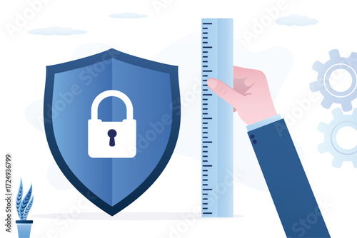 High level of security. Human hand use ruler and measures level of protection. Protective shield, high quality of protection against hacker attacks, scams, cyber crime