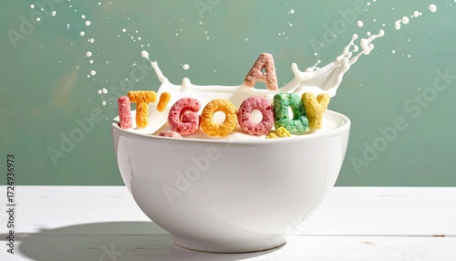 Bowl of milk with colorful cereal letters spelling “IT’S A GOOD DAY” on pink background—evokes crafted optimism, symbolic morning joy, and the rhythm of breakfast, positivity, and playful affirmation.