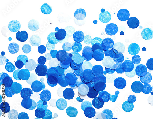 Scattered circular confetti, shades of blue and white