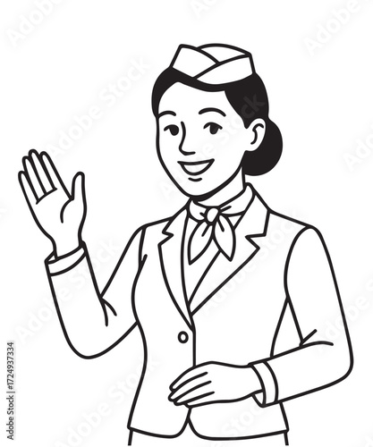 Vector depiction of a female flight attendant, designed in black and white with bold outlines, showcasing elegance and charm for versatile design purposes.