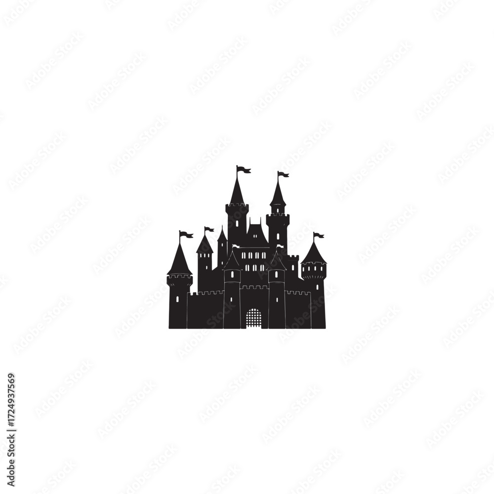 Fototapeta premium Fairytale Castle Silhouette with Towers, Spires, and Flags in Black and White