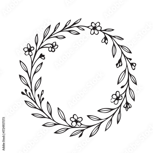 Vector art shows a circular floral frame, black and white style with clear bold outline, enhancing elegant ornamental details for design and decoration.