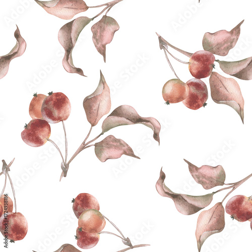 Hand painted watercolor seamless pattern with crabapple branches, small red fruits and dried leaves. Vintage botanical design in soft autumn tones for Thanksgiving stationery, fall home decor.