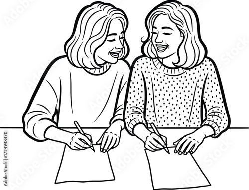 Two young women happily writing together in a collaborative learning space on transparent background