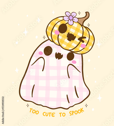 Coquette Girly Halloween Spooky Cute Ghost Gingham with Pumpkin Cartoon Hand Drawn, too cute too spooky