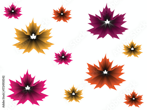 Colorful maple leaves scattered on a white background in an abstract design