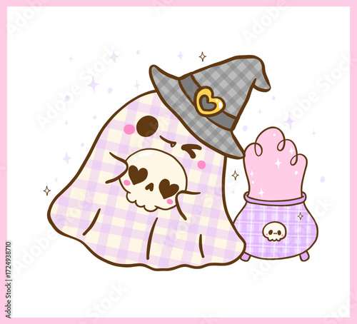 Coquette Girly Halloween Spooky Cute Ghost Witch Gingham with Cauldron Cartoon Hand Drawn