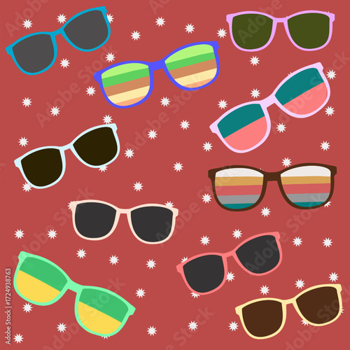 Seamless pattern of retro sunglasses with stylish vintage eyewear charm, perfect for trendy fabrics, wallpapers, gift wrapping, stationery, party decor, and fashionable nostalgic summer design project