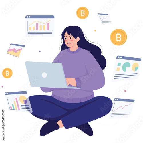 Virtual Work Illustration. Vector illustration of Analyst working on a laptop with cryptocurrency icons and performance charts around her. Isolated on background