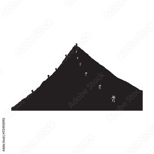 Minimalist Black Mountain Illustration with Small White Climbers on Steep Slope