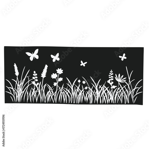 Silhouette of a meadow with flowers, grass, and butterflies at nighttime