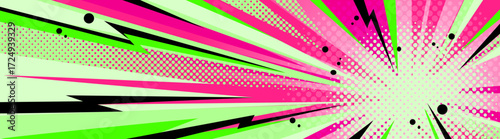Dynamic anime style comic burst with pink and green rays, halftone dots and black speed lines for manga action. Explosive radial pattern with flashes and gradient effects for superhero panels.
