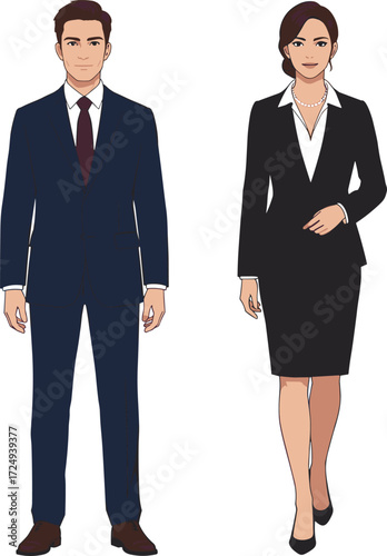 Business professionals in formal office attire standing confidently, showcasing corporate fashion, workplace dress code, and professional appearance for business-themed content