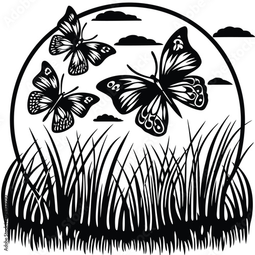 Butterflies and grass in a circular frame in black and white illustration