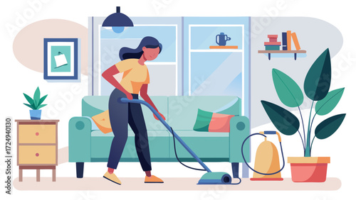 Woman vacuuming in a tidy living room with modern furniture, houseplants, and decorative elements in a cozy home setting