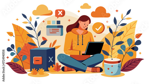 Young woman sitting cross-legged outdoors in autumn, working on a laptop surrounded by colorful foliage and digital icons