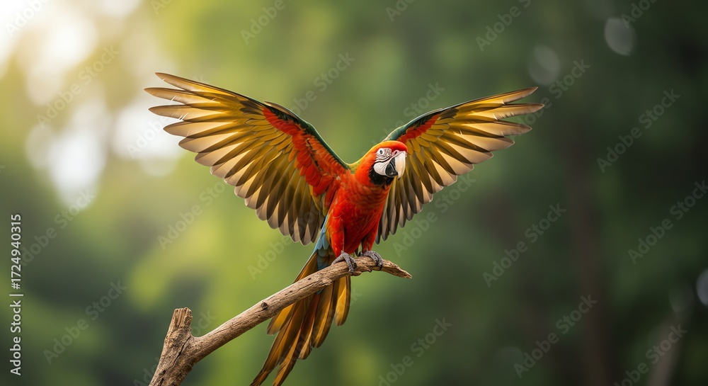 Fototapeta premium Scarlet macaw parrot with wings spread