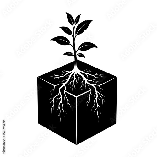 Plant Roots Reshape Geometric Block Contrasting Organic Disruption Resilience Structure Symbol