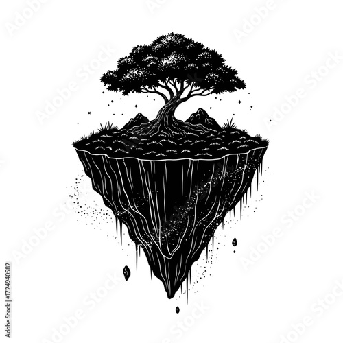 Dreamlike Silhouette Floating Island with an Enigmatic Tree Canopy Mystical Fantasy Landscape