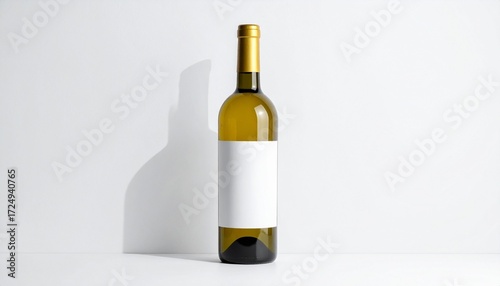 Single white wine bottle with blank label and white cap—set against plain white background—evokes crafted minimalism, symbolic purity, and the rhythm of branding, elegance, and quiet refinement.