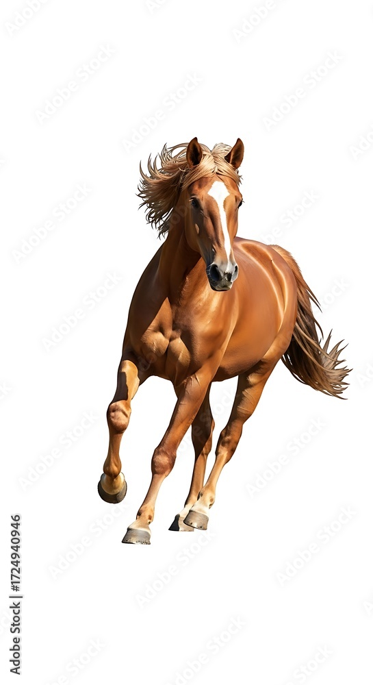 Obraz premium A dynamic, light-brown horse in full stride, its mane and tail flowing, against a stark white background.