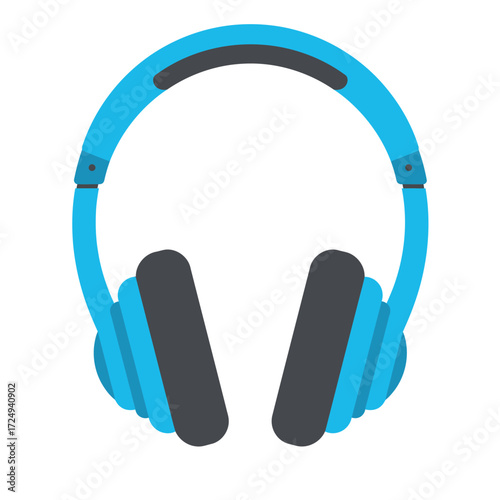 A vibrant blue illustration of over ear headphones with dark gray details