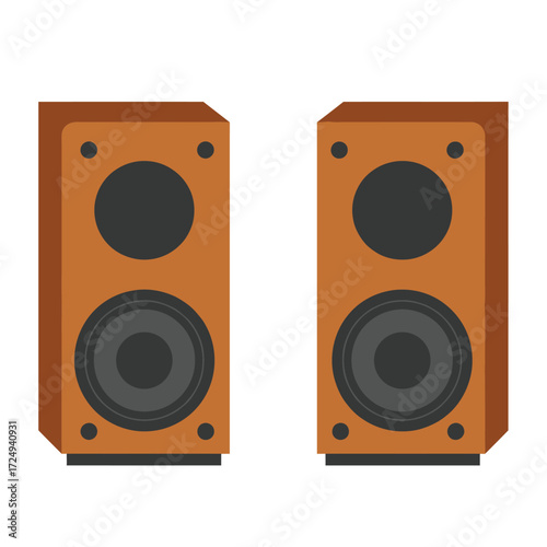 A pair of brown wooden stereo speakers with black speaker cones