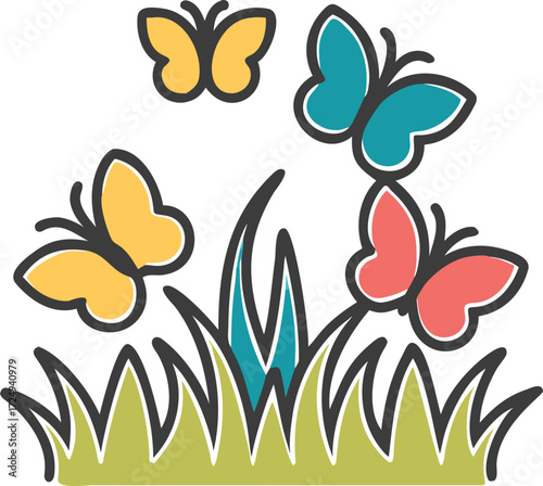 Colorful butterflies flutter above lush green grass