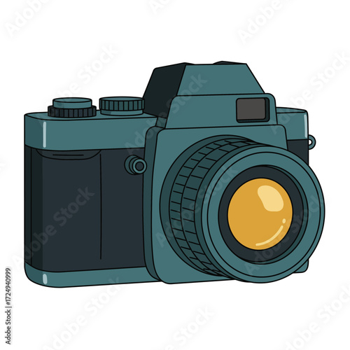 Illustration of a vintage teal and black film camera with a golden lens