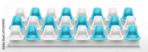 Stadium bench seats isolated on white background. Vector realistic illustration of blue white chairs in amphitheater rows, bleacher armchairs for match spectators comfort, sports arena design element
