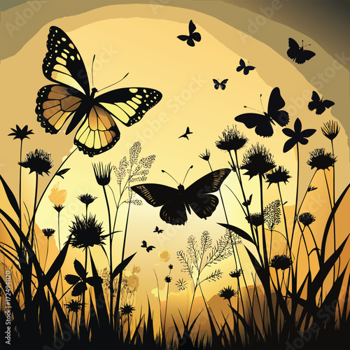 Silhouetted butterflies fluttering above a field of flowers at sunset