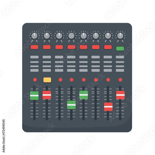 Detailed illustration of a professional audio mixing console with multiple controls