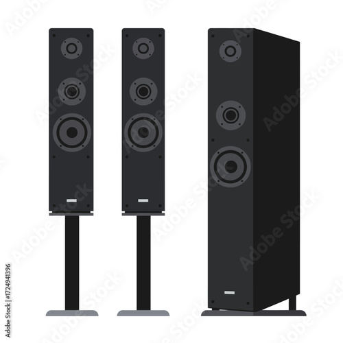Illustration of three black tower and floor standing speakers on stands