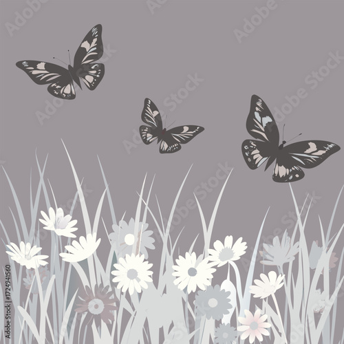 Butterflies flutter above a field of daisies in a serene gray landscape