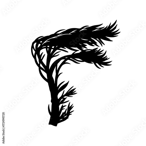Striking Elemental Windswept Coastal Plant Black Silhouette Isolated Graphic Vector Illustration