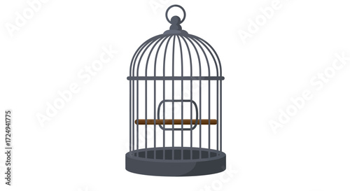 Gray Metal Birdcage with Wooden Perch Domed Top and Hanging Loop.