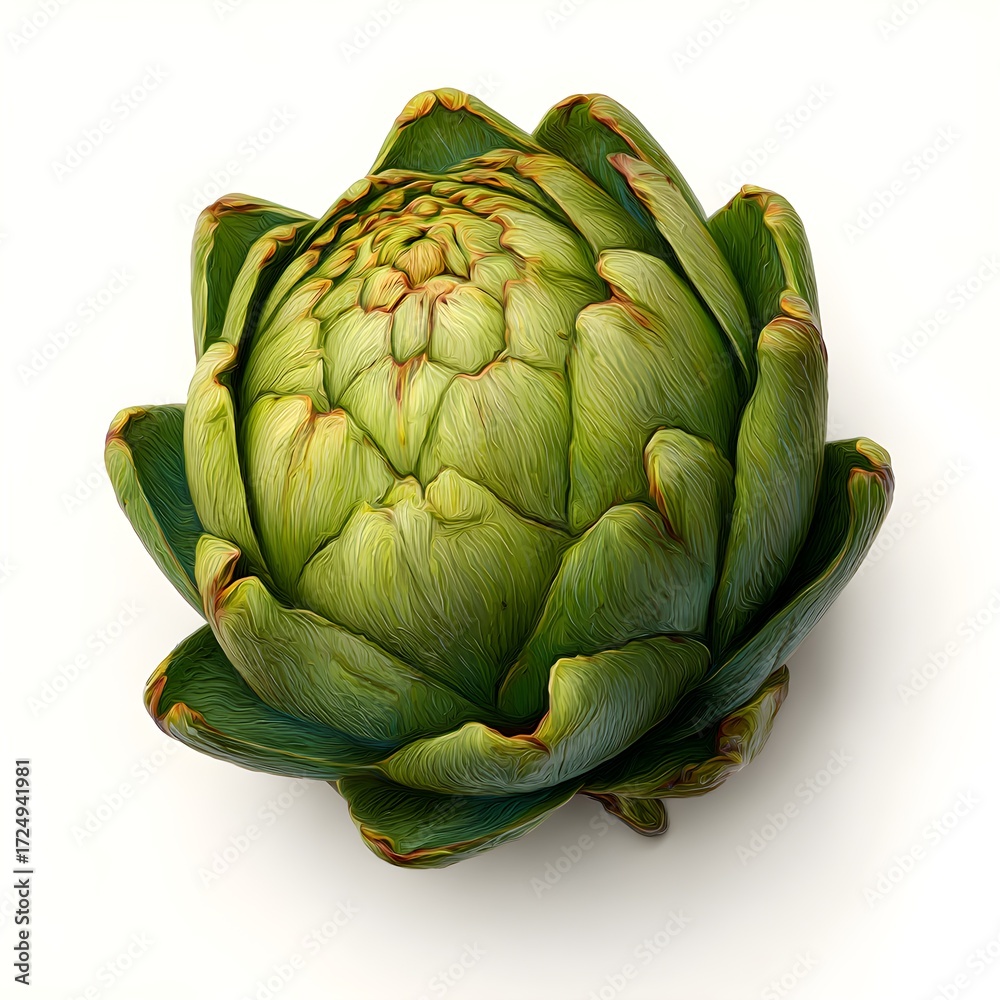 Obraz premium Fresh green artichoke isolated on white, healthy eating, vegetarian cuisine, detailed botanical illustration style
