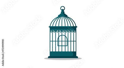 Teal Birdcage Illustration with Arched Top Decorative Elements and Shadow.