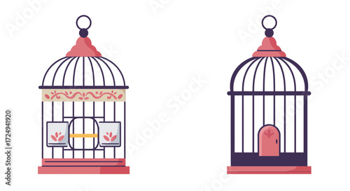 Two Decorative Birdcages Ornate Metal Pink Accents Floral Design.