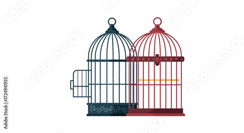 Two Vintage Metal Birdcages Dark Gray and Maroon with Ornate Bases.