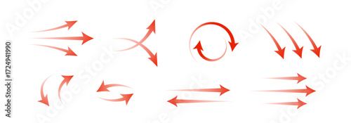 Red air flow with arrow set for motion and direction graphics. Gradient pointers in circular, straight and curved patterns with dynamic trails. Movement symbols for interface or navigation design.