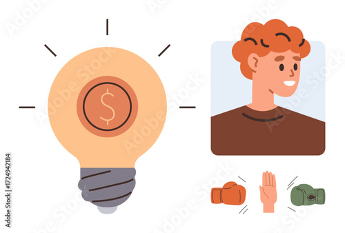 Lightbulb with dollar symbol for innovative ideas, smiling individual symbolizing discussion, and conflict resolution through boxing gloves and handshake. Ideal for teamwork, negotiation, creativity