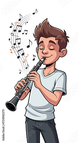 Young boy playing clarinet with musical notes flowing around him creating a joyful melody