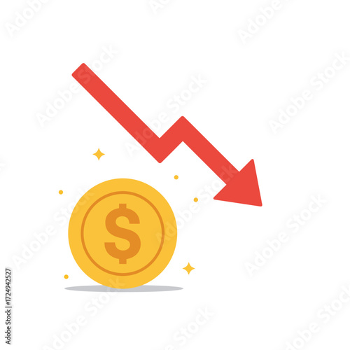 Financial decline illustrated with a falling arrow and a dollar coin