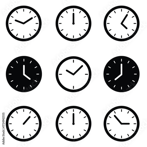 Nine black and white analog clocks displaying various times isolated design
